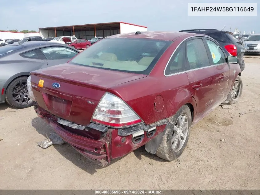 2008 Ford Taurus Sel VIN: 1FAHP24W58G116649 Lot: 40335695