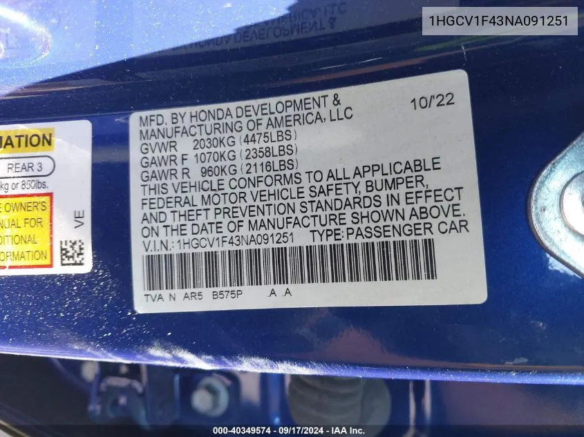 2022 Honda Accord Sport Special Edition VIN: 1HGCV1F43NA091251 Lot: 40349574