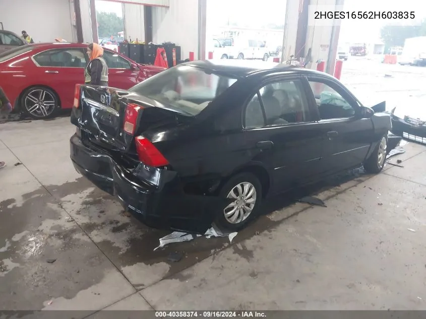 2002 Honda Civic Lx VIN: 2HGES16562H603835 Lot: 40358374