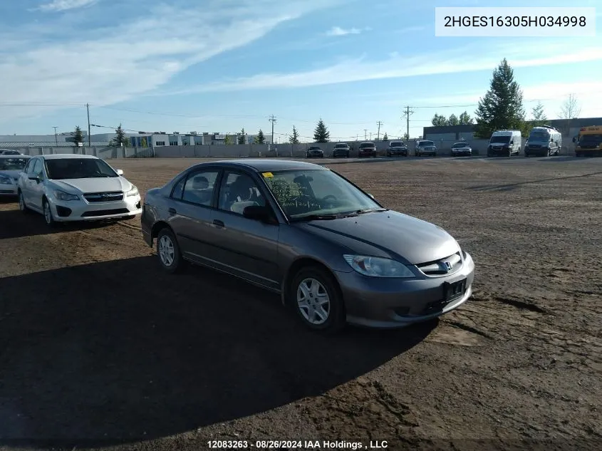 2005 Honda Civic Sdn VIN: 2HGES16305H034998 Lot: 12083263