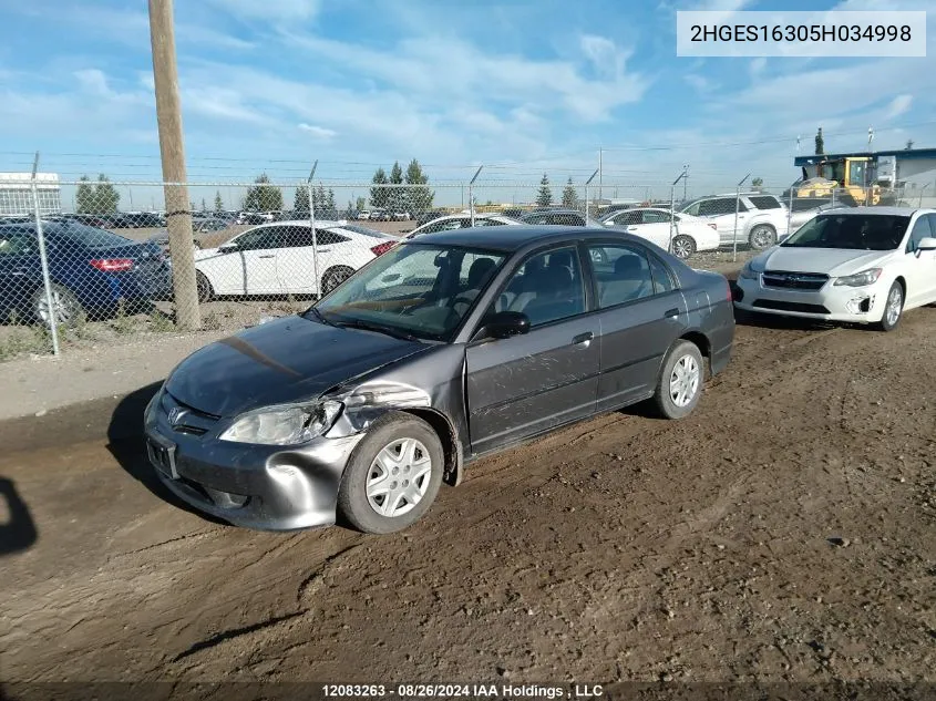 2005 Honda Civic Sdn VIN: 2HGES16305H034998 Lot: 12083263