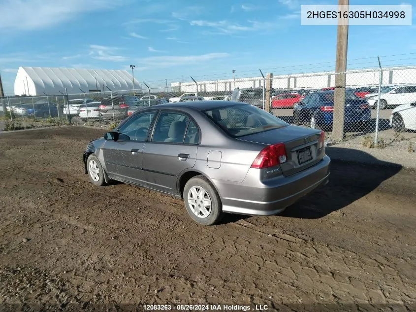 2005 Honda Civic Sdn VIN: 2HGES16305H034998 Lot: 12083263