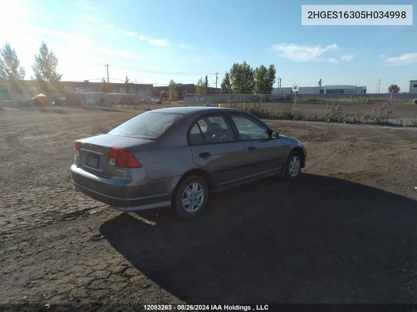 2005 Honda Civic Sdn VIN: 2HGES16305H034998 Lot: 12083263