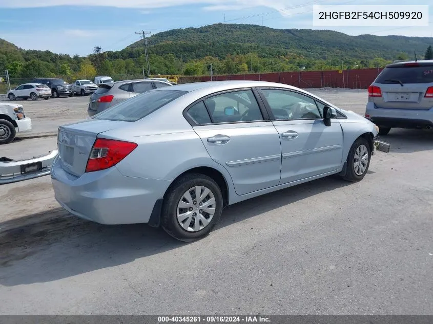 2012 Honda Civic Lx VIN: 2HGFB2F54CH509920 Lot: 40345261