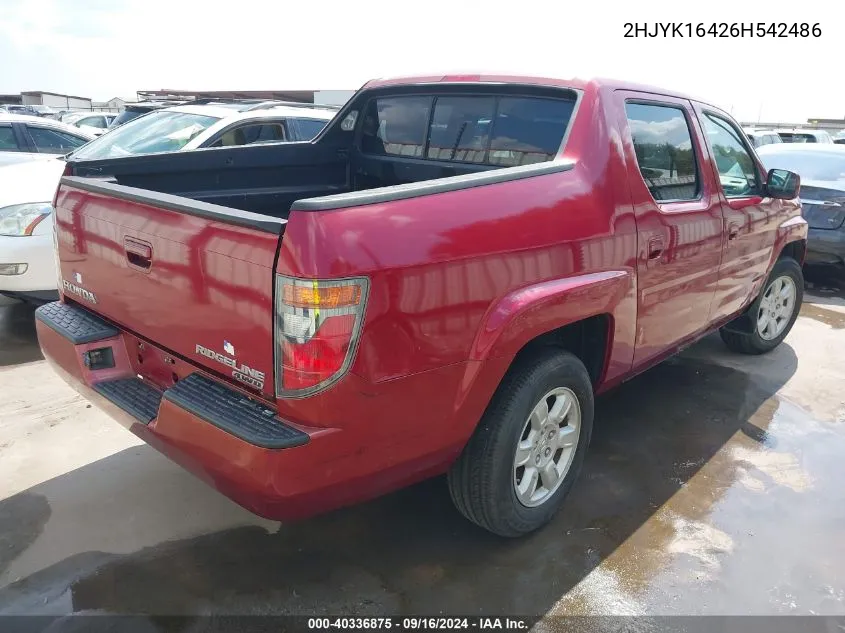 2006 Honda Ridgeline Rts VIN: 2HJYK16426H542486 Lot: 40336875