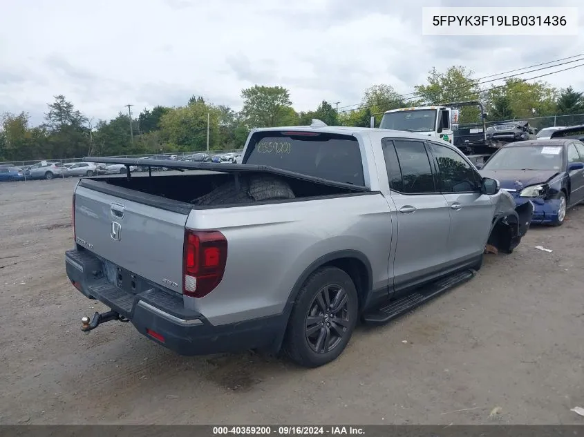 2020 Honda Ridgeline Awd Sport VIN: 5FPYK3F19LB031436 Lot: 40359200