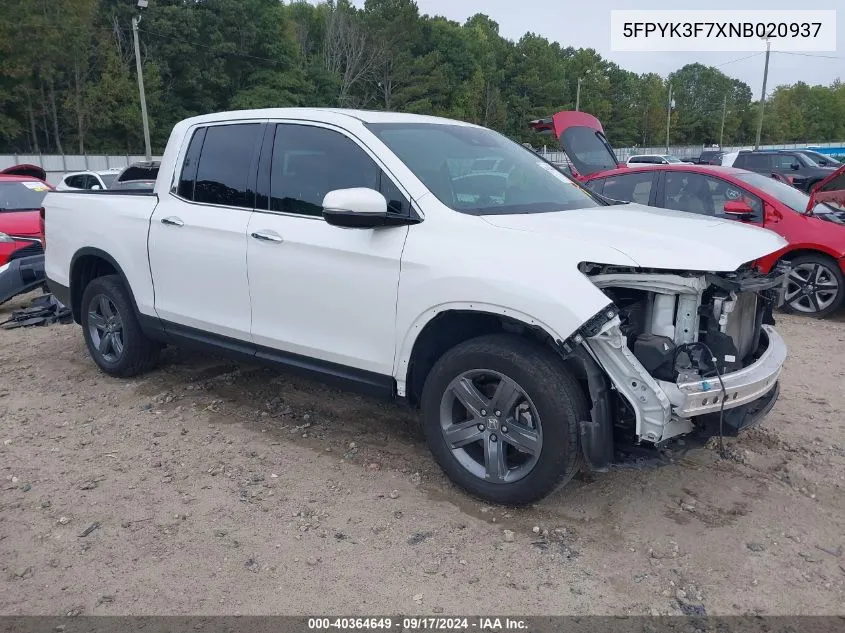 2022 Honda Ridgeline Rtl-E VIN: 5FPYK3F7XNB020937 Lot: 40364649