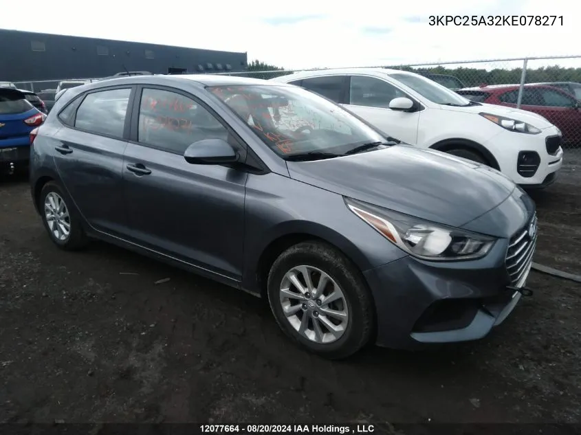 2019 Hyundai Accent VIN: 3KPC25A32KE078271 Lot: 12077664