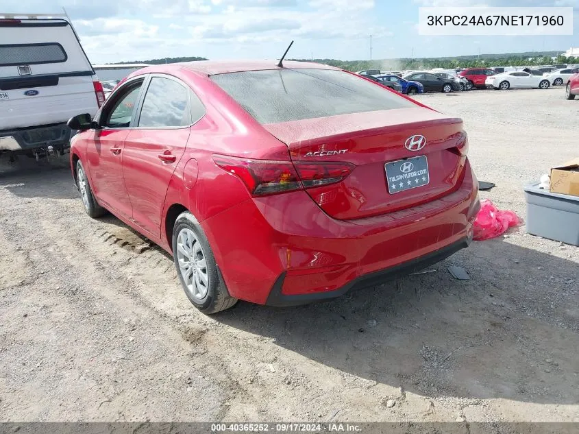 2022 Hyundai Accent Se VIN: 3KPC24A67NE171960 Lot: 40365252