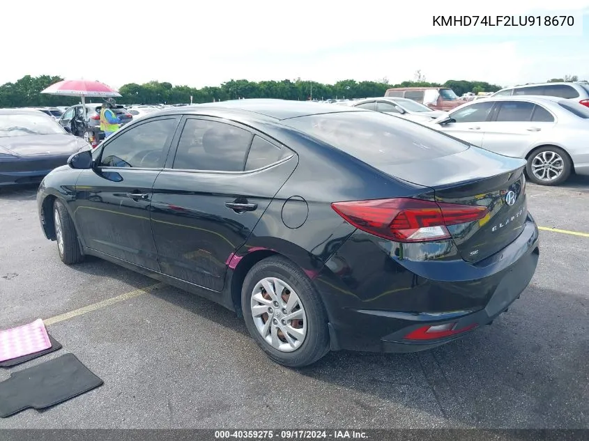 2020 Hyundai Elantra Se VIN: KMHD74LF2LU918670 Lot: 40359275