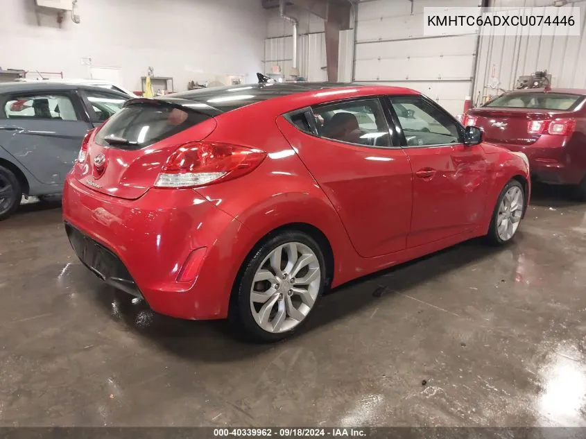 2012 Hyundai Veloster Base W/Red/Black VIN: KMHTC6ADXCU074446 Lot: 40339962