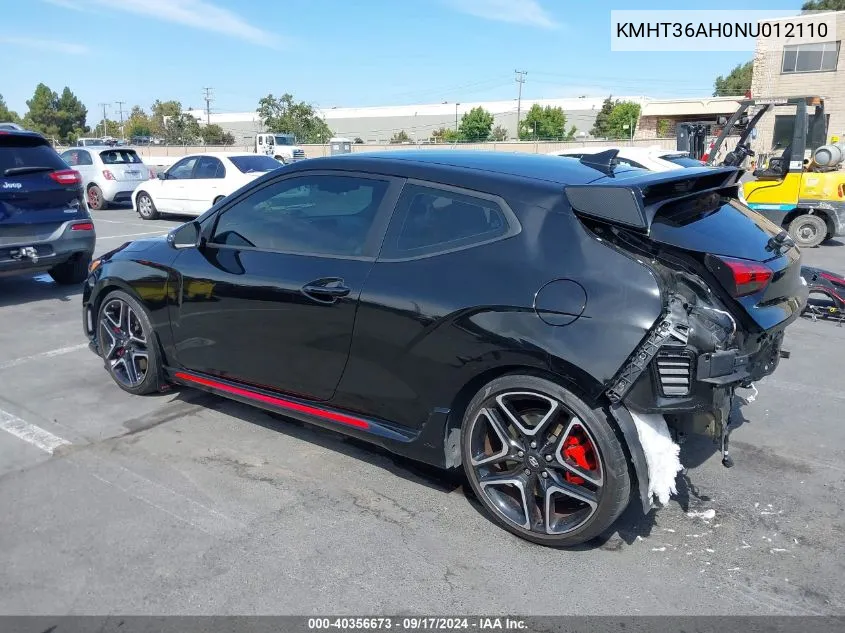 2022 Hyundai Veloster N VIN: KMHT36AH0NU012110 Lot: 40356673