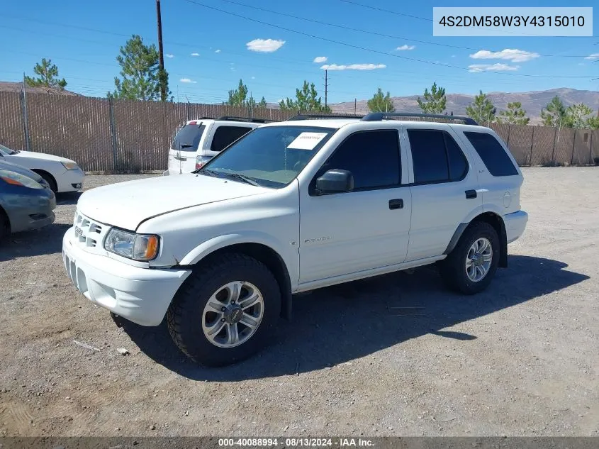 2000 Isuzu Rodeo Ls/Lse/S VIN: 4S2DM58W3Y4315010 Lot: 40088994