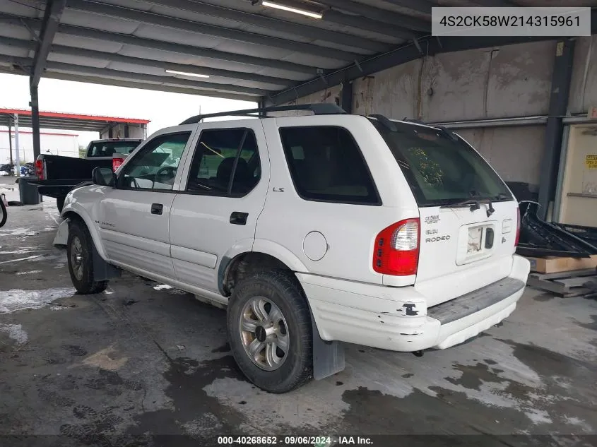 2001 Isuzu Rodeo Ls 3.2L V6/Lse 3.2L V6/S 3.2L V6 VIN: 4S2CK58W214315961 Lot: 40268652