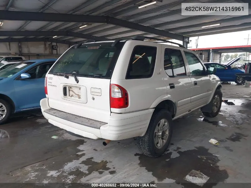 2001 Isuzu Rodeo Ls 3.2L V6/Lse 3.2L V6/S 3.2L V6 VIN: 4S2CK58W214315961 Lot: 40268652