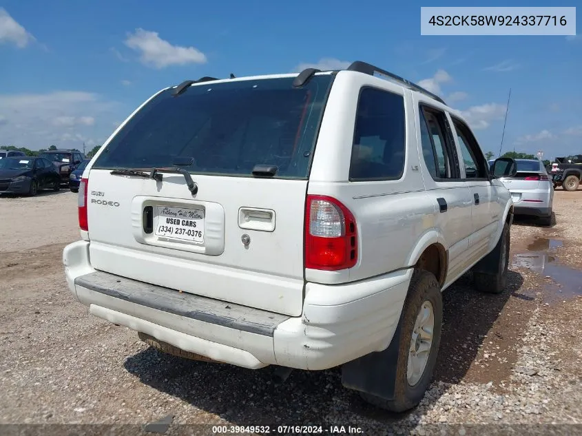 2002 Isuzu Rodeo Ls 3.2L V6/Lse 3.2L V6/S 3.2L V6 VIN: 4S2CK58W924337716 Lot: 39849532