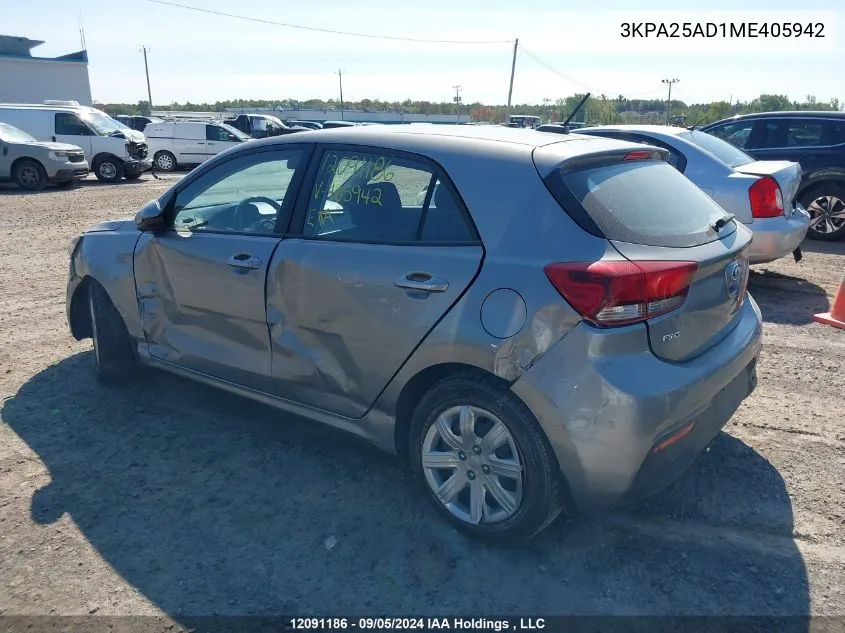 2021 Kia Rio 5-Door VIN: 3KPA25AD1ME405942 Lot: 12091186