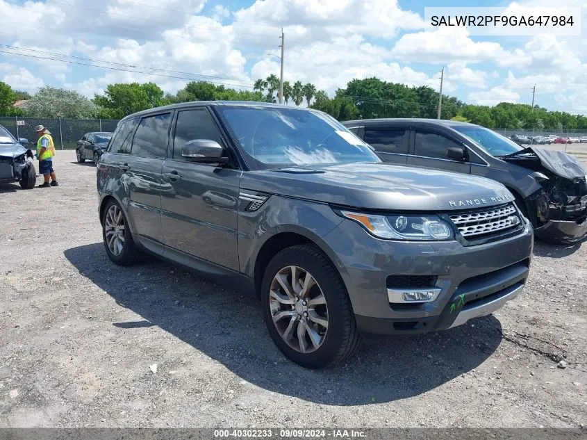 2016 Land Rover Range Rover Sport 3.0L V6 Supercharged Hse VIN: SALWR2PF9GA647984 Lot: 40302233