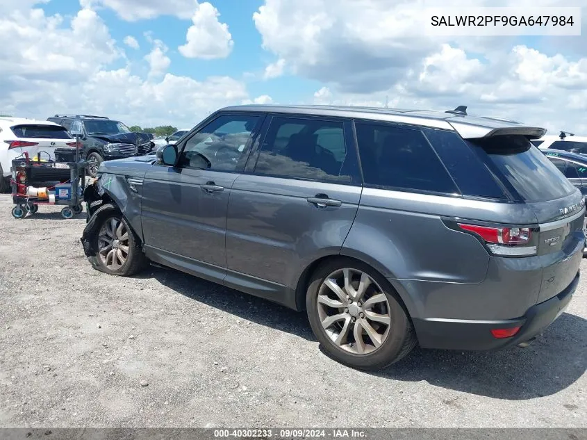 2016 Land Rover Range Rover Sport 3.0L V6 Supercharged Hse VIN: SALWR2PF9GA647984 Lot: 40302233