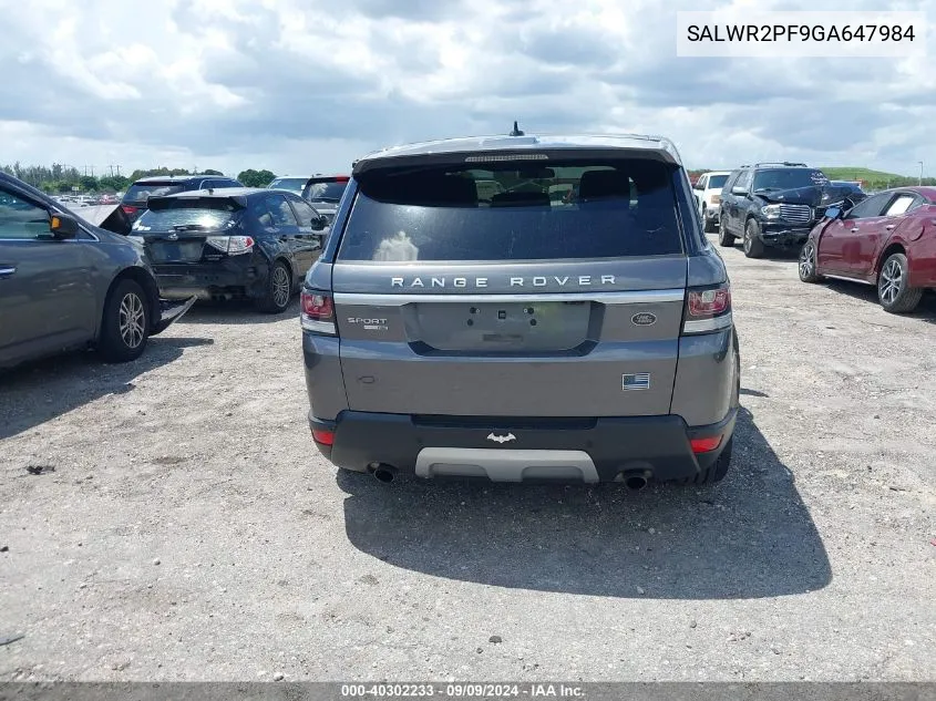 2016 Land Rover Range Rover Sport 3.0L V6 Supercharged Hse VIN: SALWR2PF9GA647984 Lot: 40302233