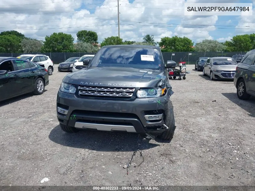 2016 Land Rover Range Rover Sport 3.0L V6 Supercharged Hse VIN: SALWR2PF9GA647984 Lot: 40302233