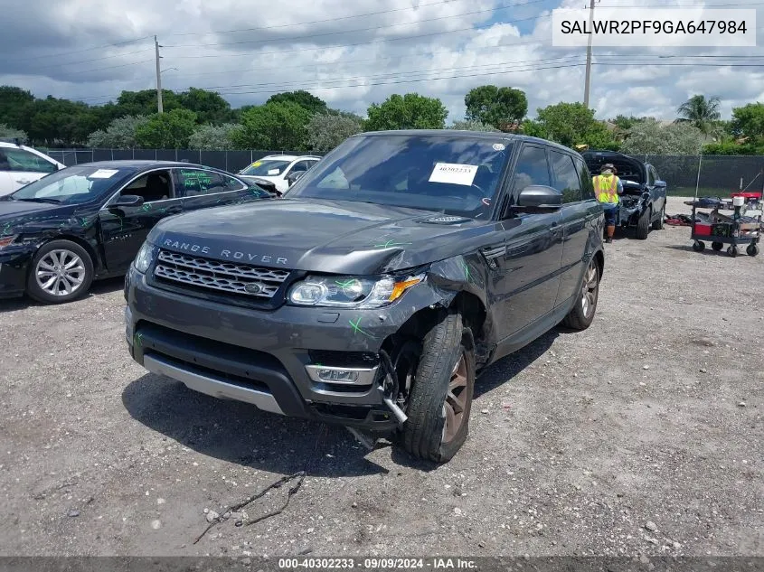 2016 Land Rover Range Rover Sport 3.0L V6 Supercharged Hse VIN: SALWR2PF9GA647984 Lot: 40302233