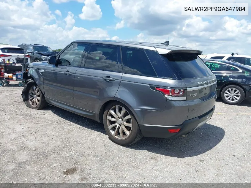 2016 Land Rover Range Rover Sport 3.0L V6 Supercharged Hse VIN: SALWR2PF9GA647984 Lot: 40302233