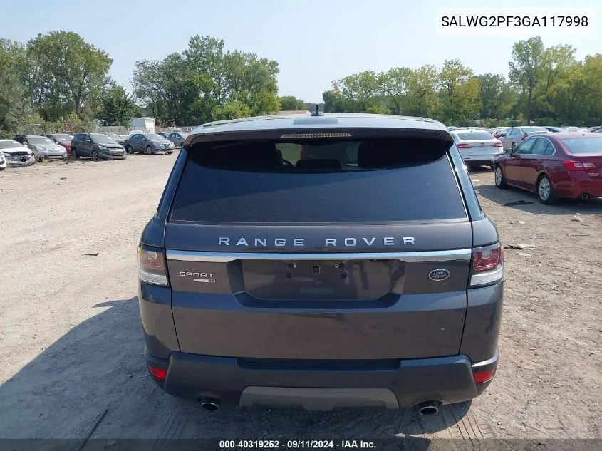 2016 Land Rover Range Rover Sport Se VIN: SALWG2PF3GA117998 Lot: 40319252