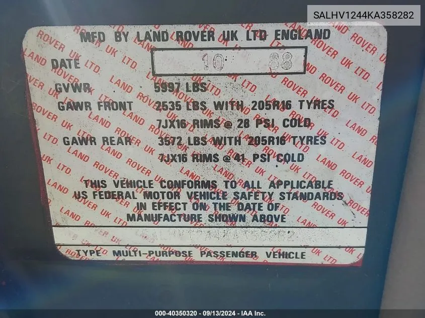 SALHV1244KA358282 1989 Land Rover Range Rover