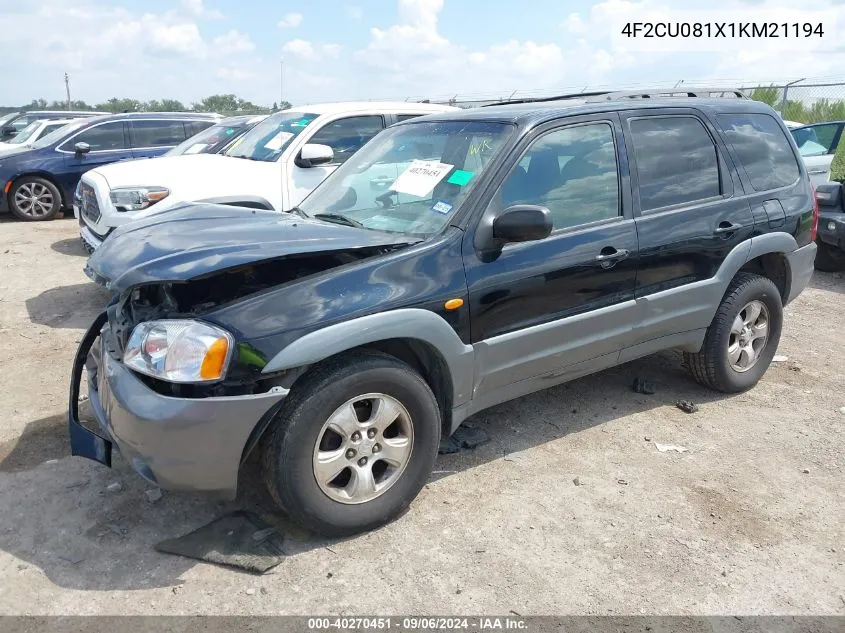 2001 Mazda Tribute Es V6/Lx V6 VIN: 4F2CU081X1KM21194 Lot: 40270451