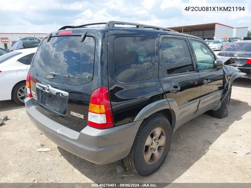 2001 Mazda Tribute Es V6/Lx V6 VIN: 4F2CU081X1KM21194 Lot: 40270451