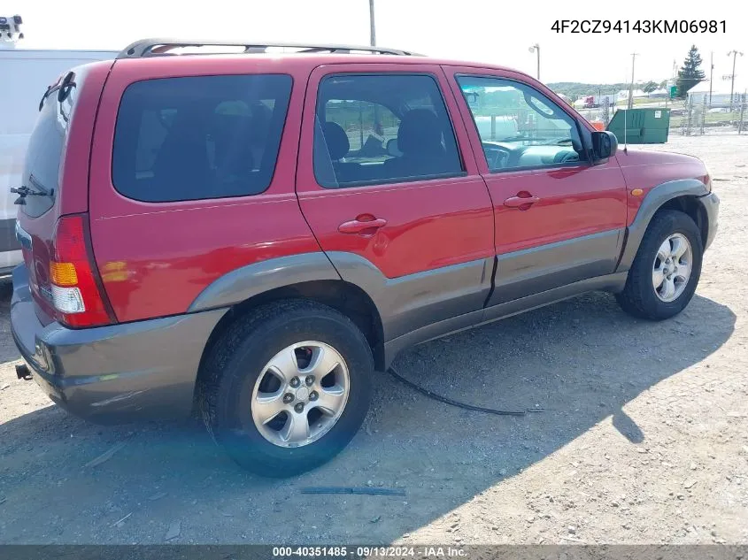 2003 Mazda Tribute Lx V6 VIN: 4F2CZ94143KM06981 Lot: 40351485