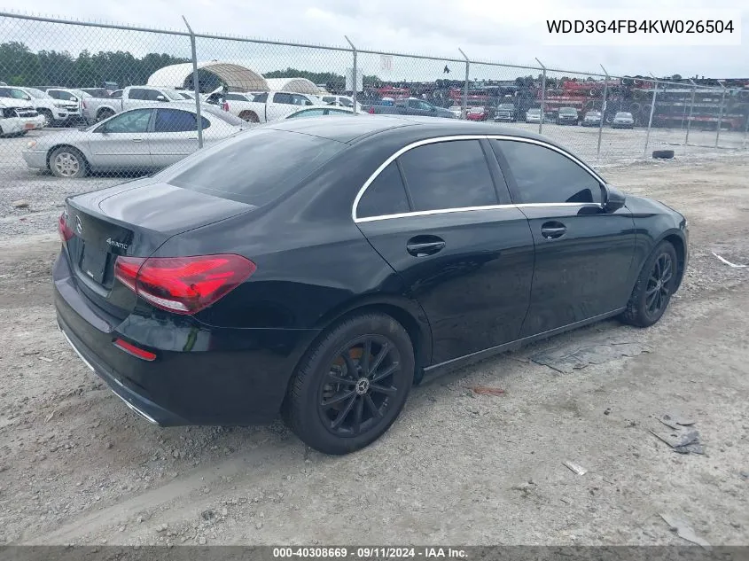 2019 Mercedes-Benz A 220 4Matic VIN: WDD3G4FB4KW026504 Lot: 40308669