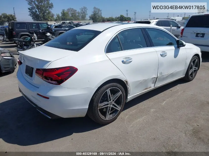 2019 Mercedes-Benz A 220 VIN: WDD3G4EB4KW017805 Lot: 40329169