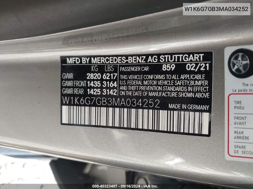 W1K6G7GB3MA034252 2021 Mercedes-Benz S 580 580 4Matic