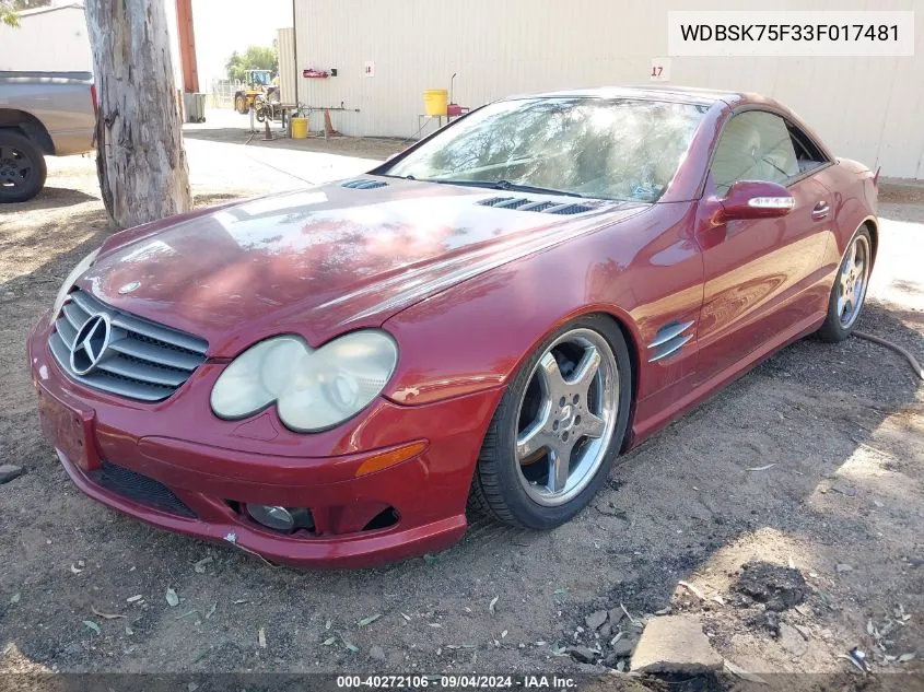 2003 Mercedes-Benz Sl 500 500R VIN: WDBSK75F33F017481 Lot: 40272106