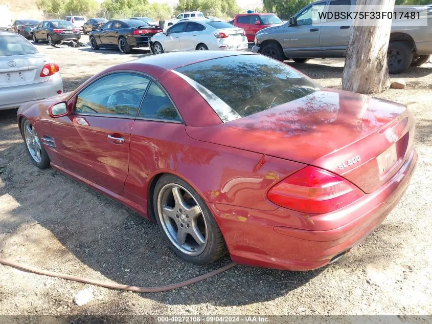 2003 Mercedes-Benz Sl 500 500R VIN: WDBSK75F33F017481 Lot: 40272106