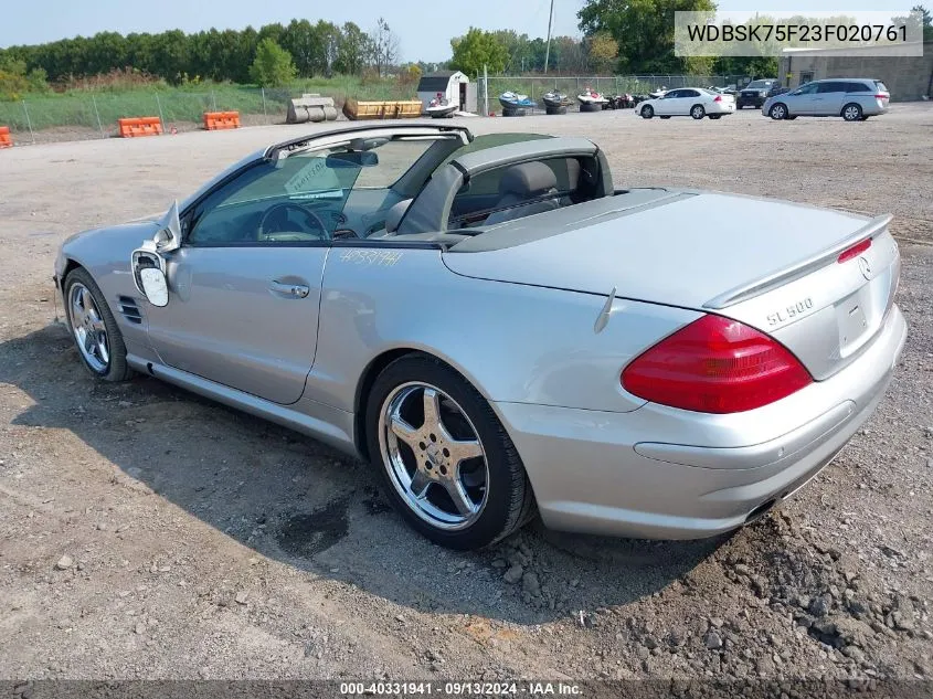 2003 Mercedes-Benz Sl 500 VIN: WDBSK75F23F020761 Lot: 40331941