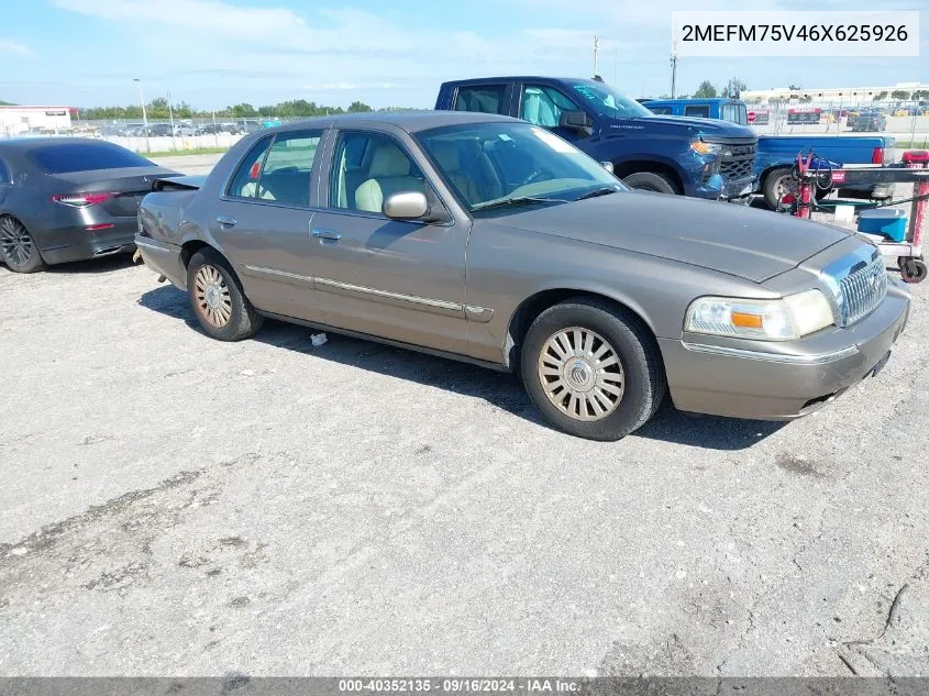 2006 Mercury Grand Marquis Ls VIN: 2MEFM75V46X625926 Lot: 40352135