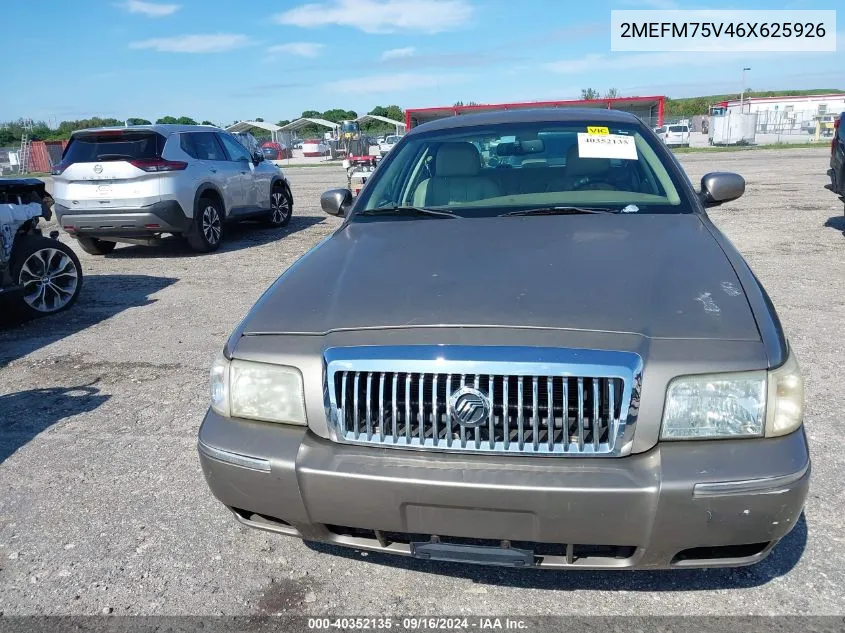 2006 Mercury Grand Marquis Ls VIN: 2MEFM75V46X625926 Lot: 40352135