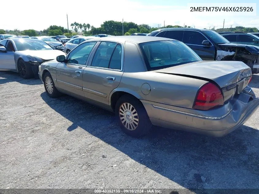 2006 Mercury Grand Marquis Ls VIN: 2MEFM75V46X625926 Lot: 40352135