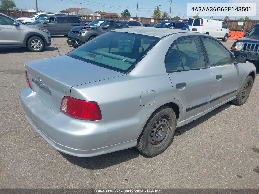 2003 Mitsubishi Galant De VIN: 4A3AA36G63E143501 Lot: 40336657