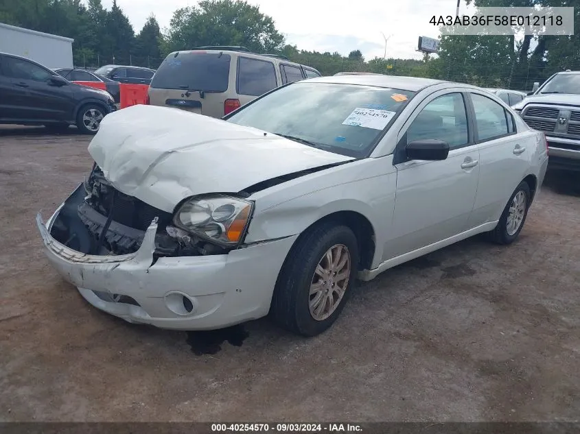 2008 Mitsubishi Galant Es VIN: 4A3AB36F58E012118 Lot: 40254570