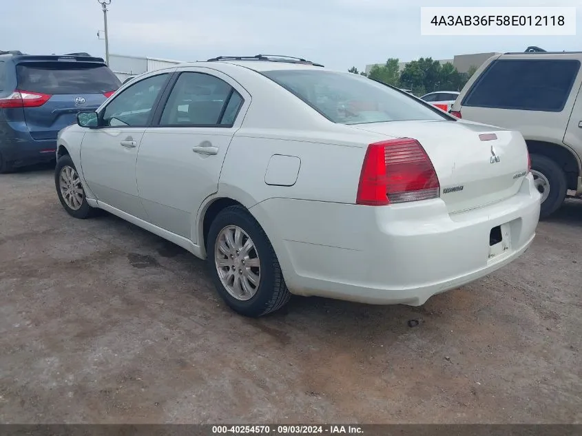 2008 Mitsubishi Galant Es VIN: 4A3AB36F58E012118 Lot: 40254570