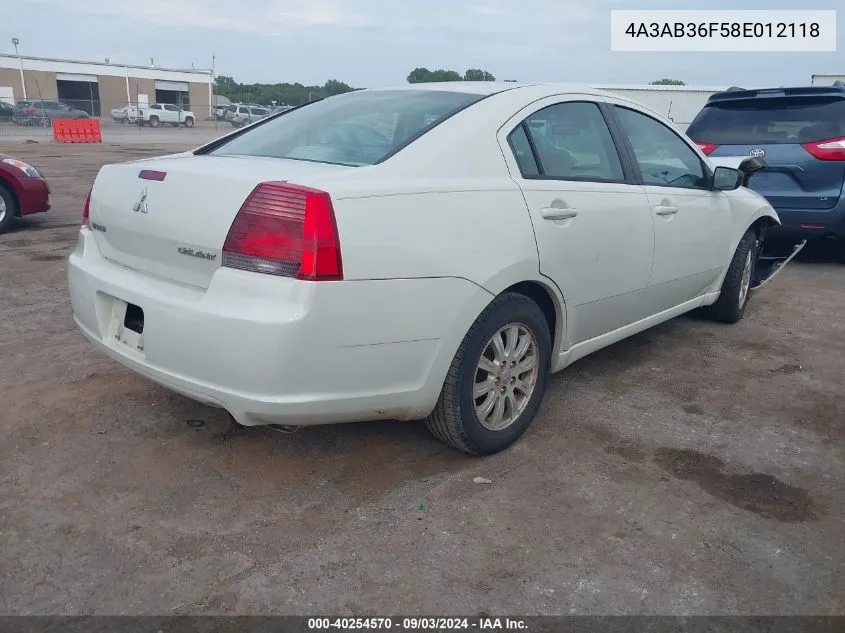 2008 Mitsubishi Galant Es VIN: 4A3AB36F58E012118 Lot: 40254570