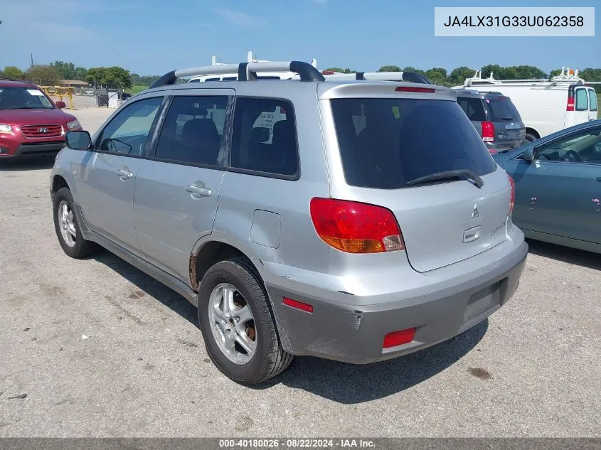 2003 Mitsubishi Outlander Ls VIN: JA4LX31G33U062358 Lot: 40180026