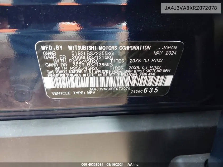 2024 Mitsubishi Outlander Se 2.5 2Wd/Se Black Edition S-Awc/Se Black Edition W/Pano Roof VIN: JA4J3VA8XRZ072078 Lot: 40336094