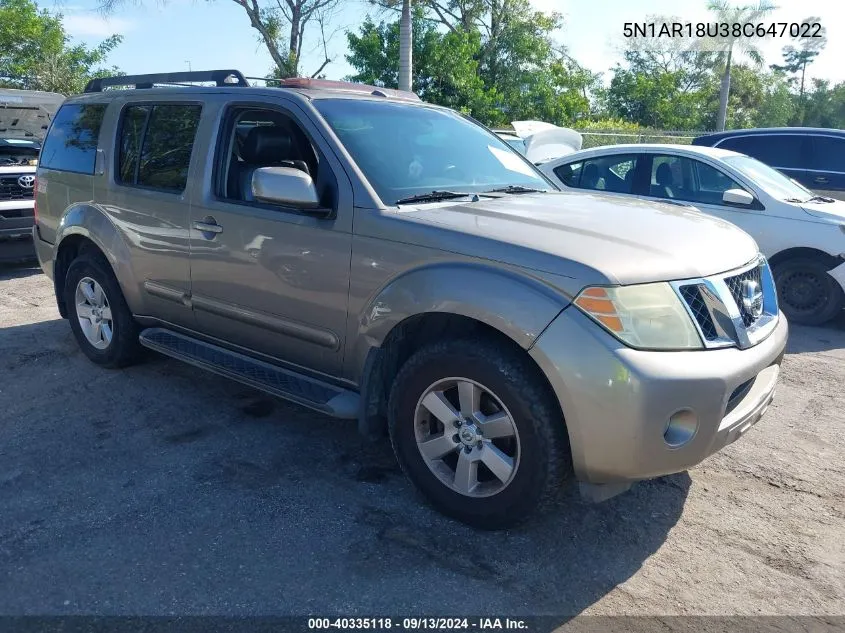 2008 Nissan Pathfinder S/Le/Se VIN: 5N1AR18U38C647022 Lot: 40335118