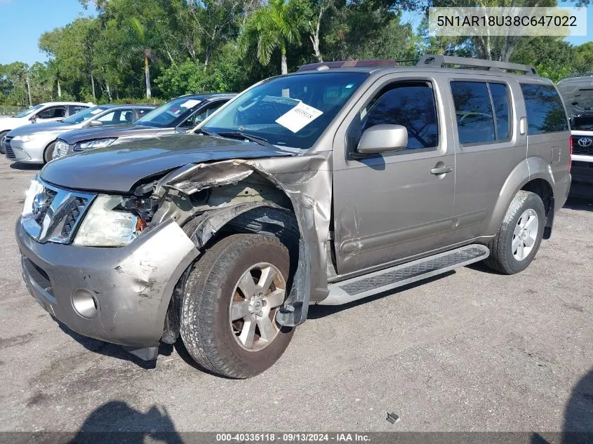 2008 Nissan Pathfinder S/Le/Se VIN: 5N1AR18U38C647022 Lot: 40335118