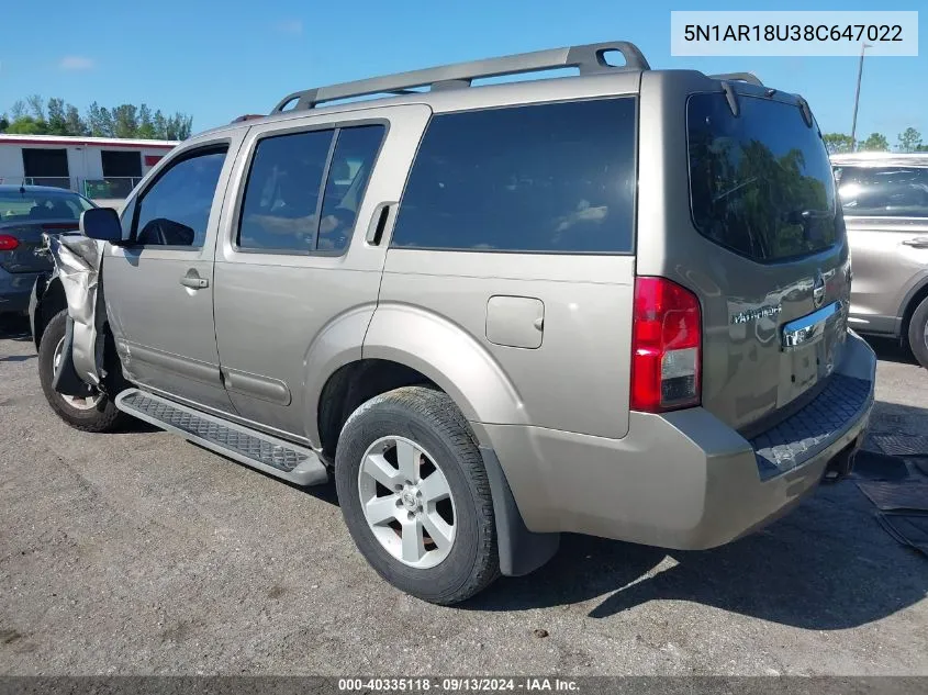 2008 Nissan Pathfinder S/Le/Se VIN: 5N1AR18U38C647022 Lot: 40335118